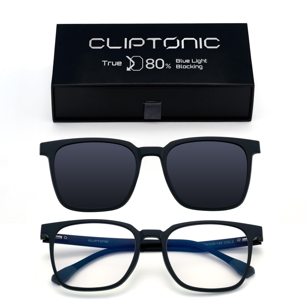 CLIPTONIC Blue Light Glasses with Magnetic Clip-On Sunglasses, True 80% Blue Light Blocking Clear Lens, Polarized UV400 Clip for Driving, Anti-Glare Computer Glasses, Lightweight TR90 Frame