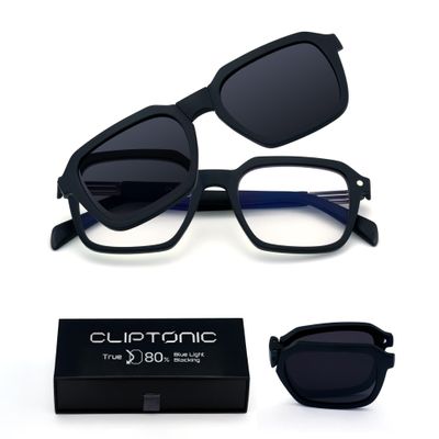 CLIPTONIC Blue Light Glasses with Magnetic Clip-On Sunglasses, True 80% Blue Light Blocking Clear Lens, Polarized UV400 Clip for Driving, Anti-Glare Computer Glasses, Lightweight TR90 Frame