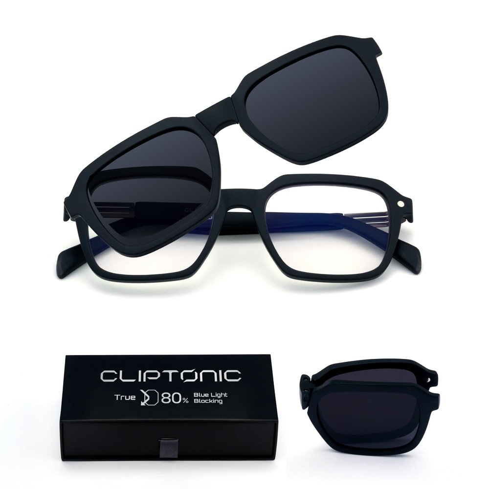 CLIPTONIC Blue Light Glasses with Magnetic Clip-On Sunglasses, True 80% Blue Light Blocking Clear Lens, Polarized UV400 Clip for Driving, Anti-Glare Computer Glasses, Lightweight TR90 Frame