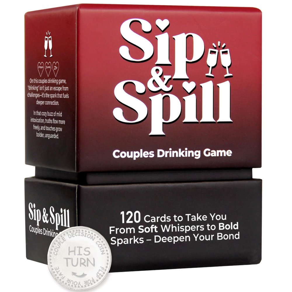 LIMGUVK Valentines Gift for Couples, Gift for Him Sip & Spill Couples Card Game, 120 Fun Dares & Conversation Cards with Metal Decision Coin, Romantic Date Night Game