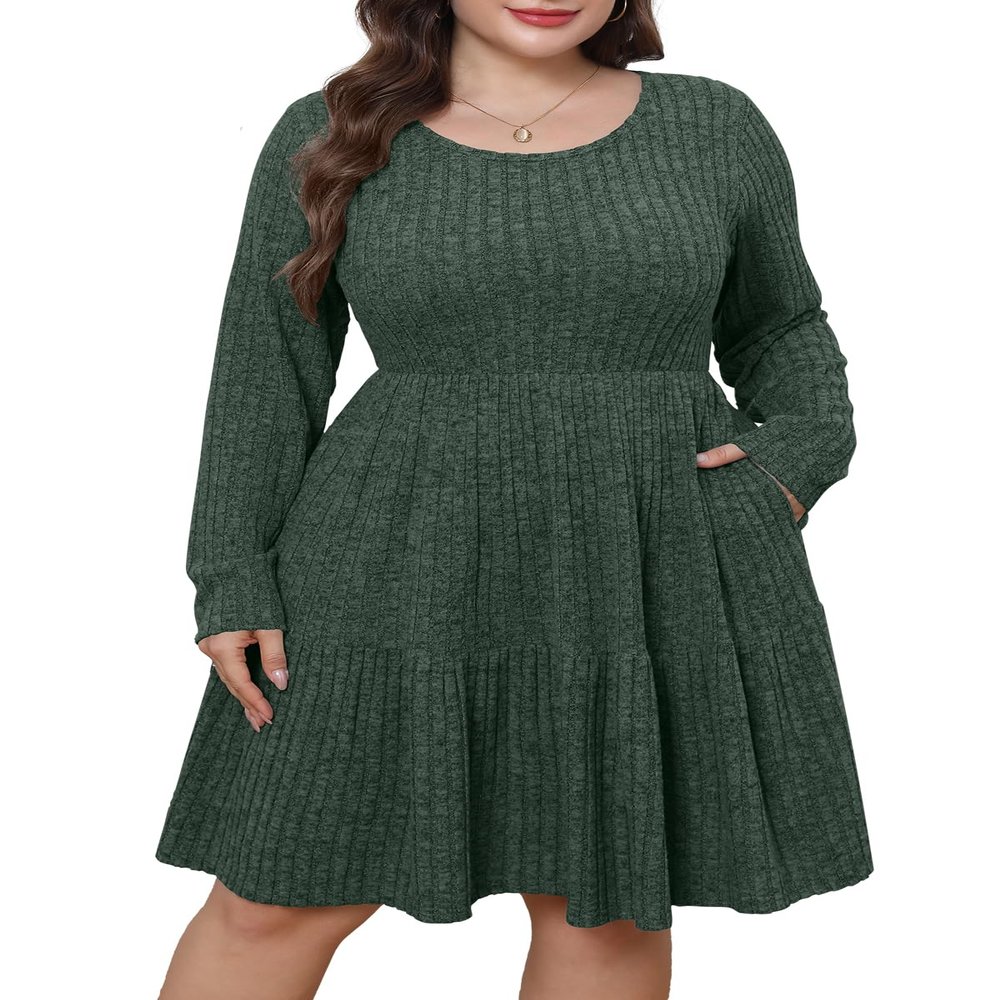 BELAROI Plus Size Fall Dress with Pockets Womens Tiered Sweater Dresses