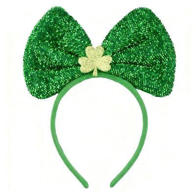 Green Glitter Bow Headband for Adults, Shamrock Holiday Hair Accessory