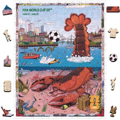 FIFA World Cup 2026 City Puzzle Boston Poster - Wooden Puzzle for Adult, 200 Pieces Irregular Shape Puzzle, 5MM Thick, Creative Collectible Gift for Fans, Officially Licensed Product, 9.3x11.8''