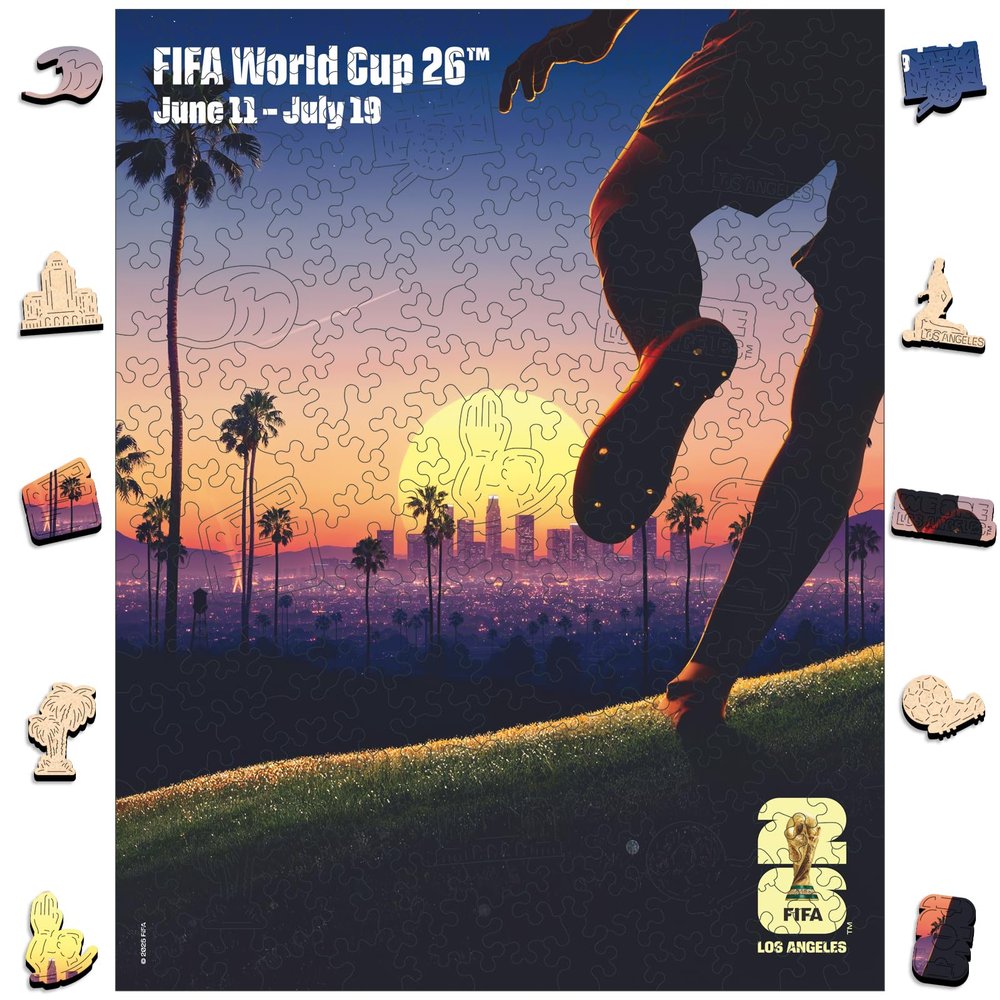 FIFA World Cup 2026 City Puzzle Los Angeles Poster - Wooden Puzzle for Adult, 200 Pieces Unique Shape Puzzle, 5MM Thick, Creative Collectible Gift for Fans, Officially Licensed Product, 9.3x11.8''