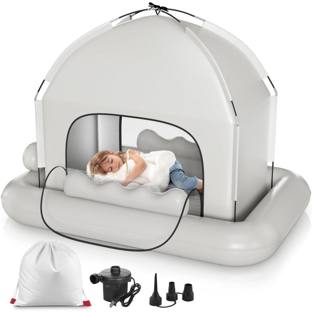Inflatable Kids Travel Bed with Tent Ages 3+ Foldable Portable Bed