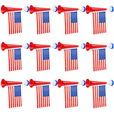 Glimin 12 Pcs USA Stadium Horns 11 Inch Vuvuzela Horns with American Flags Plastic Trumpet Cheering up for Sporting Events 250th Patriotic Noise Makers for Stadium National Sport Events Soccer Fans