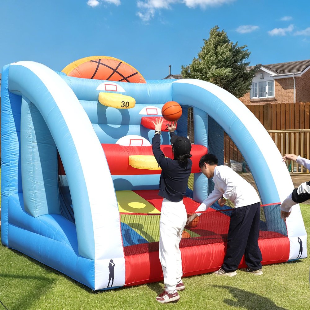 Tryset Inflatable Basketball Hoop with Built-in Blower, 9.8x9.8x9.8FT Quick-Inflate Carnival Game, Portable Basketball Shot with 4 Balls & 5 Hoops, Outdoor Indoor Backyard Party Games for Kids Adults