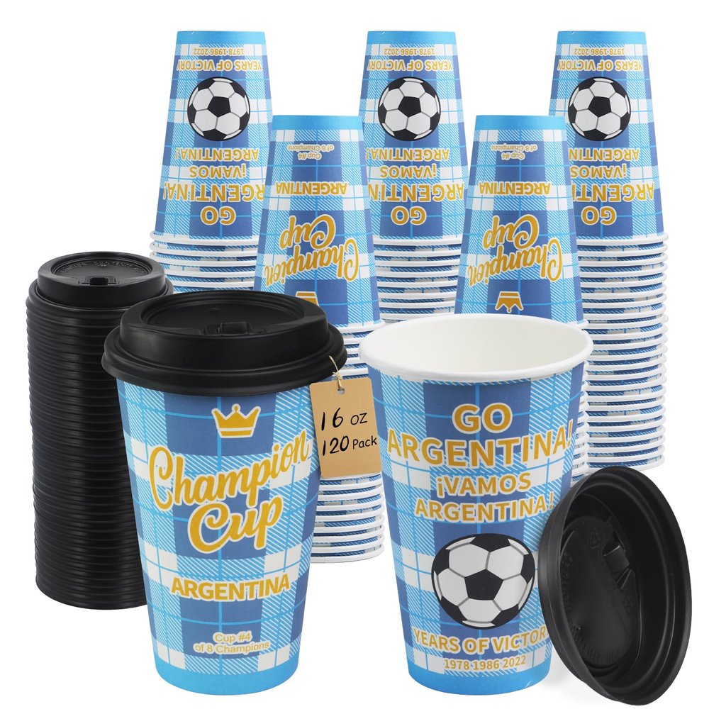 Sowinvent 16 oz Champion Cup A Salute To Argentina, 3-Time World Soccer Champion, 120 Sets Disposable Paper Party Cups with Lids, Restaurant Catering & Fan Event Decorations, VAMOS ARGENTINA 2026