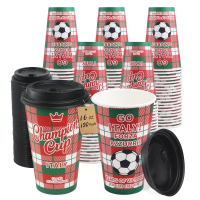 Sowinvent 16 oz Champion Cup A Salute To Italy, 4-Time World Soccer Champion, 120 Sets Disposable Paper Party Cups with Lids, Restaurant Catering Concession & Fan Event Decorations, FORZA AZZURRI 2030
