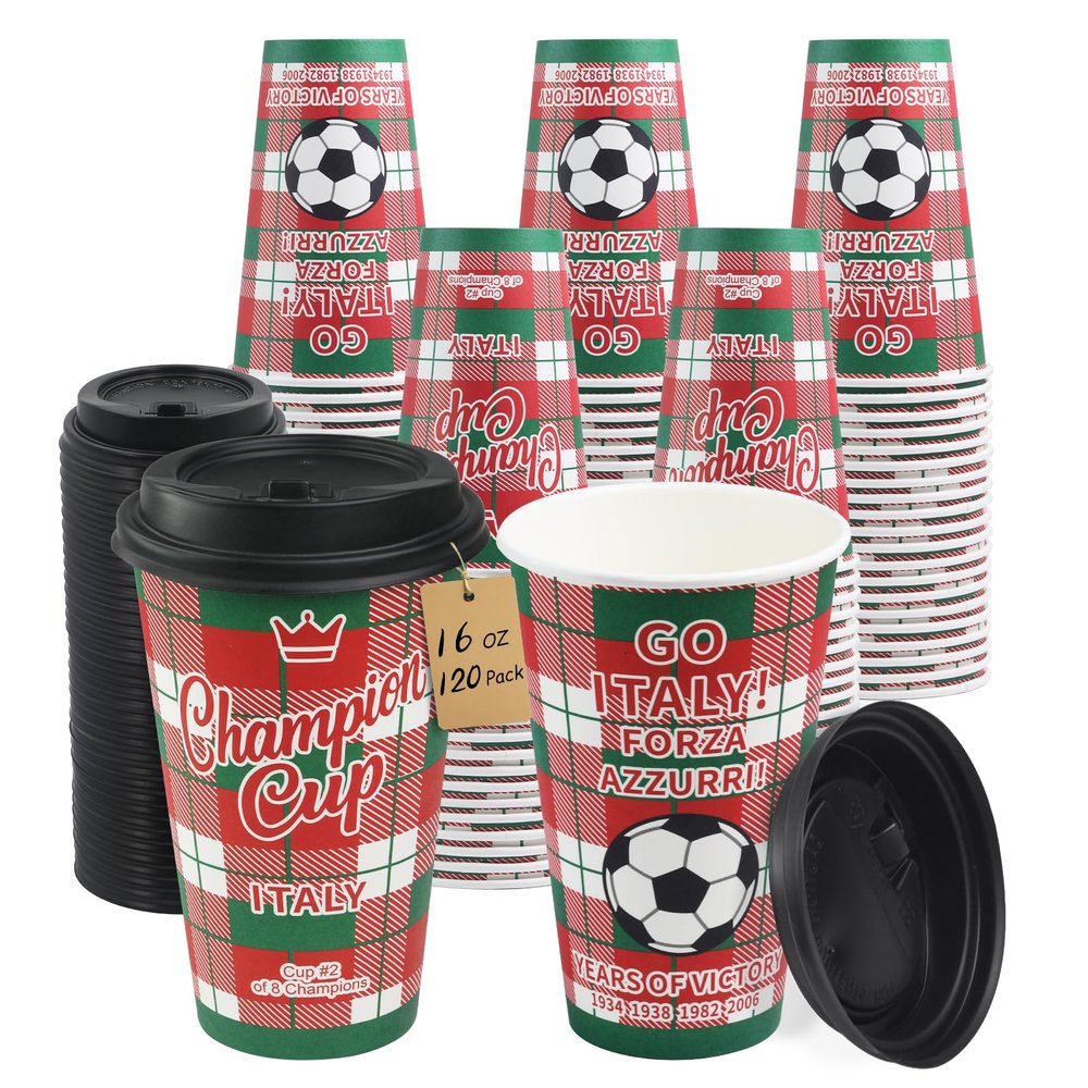 Sowinvent 16 oz Champion Cup A Salute To Italy, 4-Time World Soccer Champion, 120 Sets Disposable Paper Party Cups with Lids, Restaurant Catering Concession & Fan Event Decorations, FORZA AZZURRI 2030