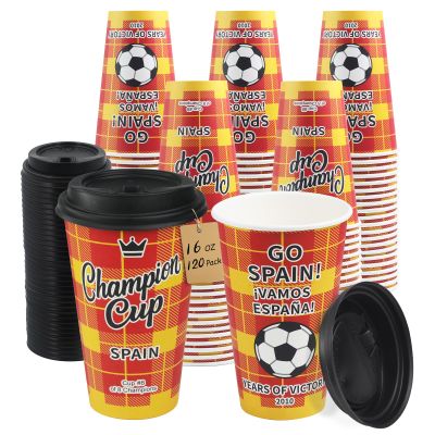 Sowinvent 16 oz Champion Cup A Salute To Spain, 2010 World Soccer Champion, 120 Sets Disposable Paper Party Cups with Lids, Restaurant Catering Concession & Fan Event Decorations, VAMOS ESPAA 2026