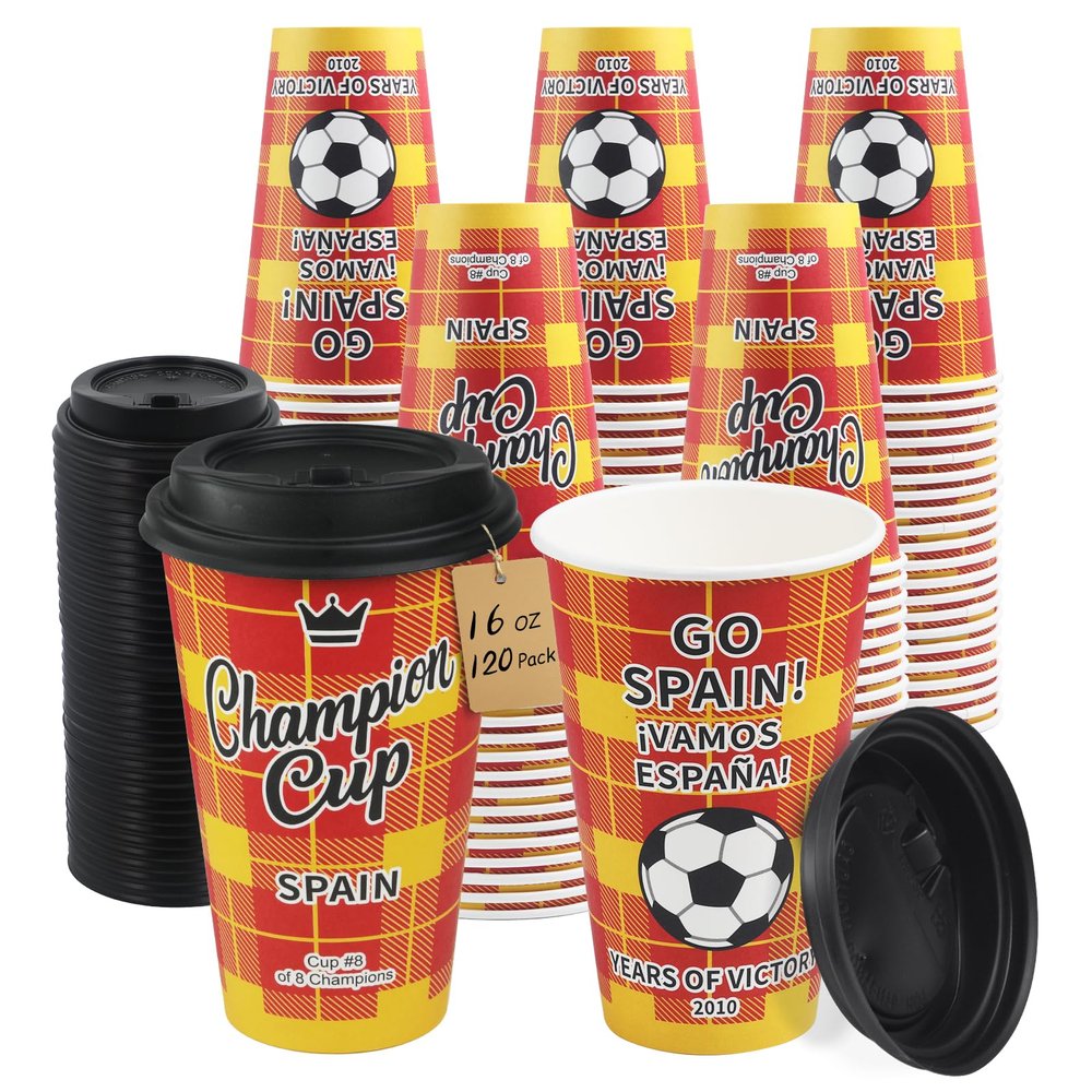 Sowinvent 16 oz Champion Cup A Salute To Spain, 2010 World Soccer Champion, 120 Sets Disposable Paper Party Cups with Lids, Restaurant Catering Concession & Fan Event Decorations, VAMOS ESPAA 2026