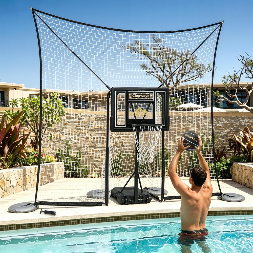 Clupways Pool Basketball Hoop with Backstop Height Adjustable Poolside Basketball Hoop for Pool with 10x8 FT Ball Backstop, Water Weighted Base | Includes a Ball & Pump | 12-Month Warranty