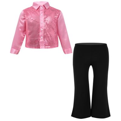 Ocealan Sparkly Latin Dance Outfits for Boys Sequined Shirts with Trousers Jazz Rumba Salsa Dancewear for Performance Pink 10 Years