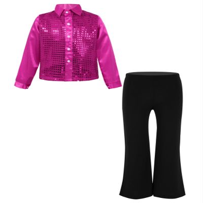Ocealan Sparkly Latin Dance Outfits for Boys Girls Sequined Shirts with Trousers Jazz Rumba Salsa Dancewear for Performance Hot Pink 14 Years