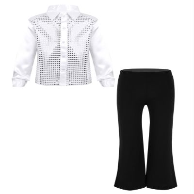 Ocealan Sparkly Latin Dance Outfits for Boys Sequined Shirts with Trousers Jazz Rumba Salsa Dancewear for Performance White 10 Years