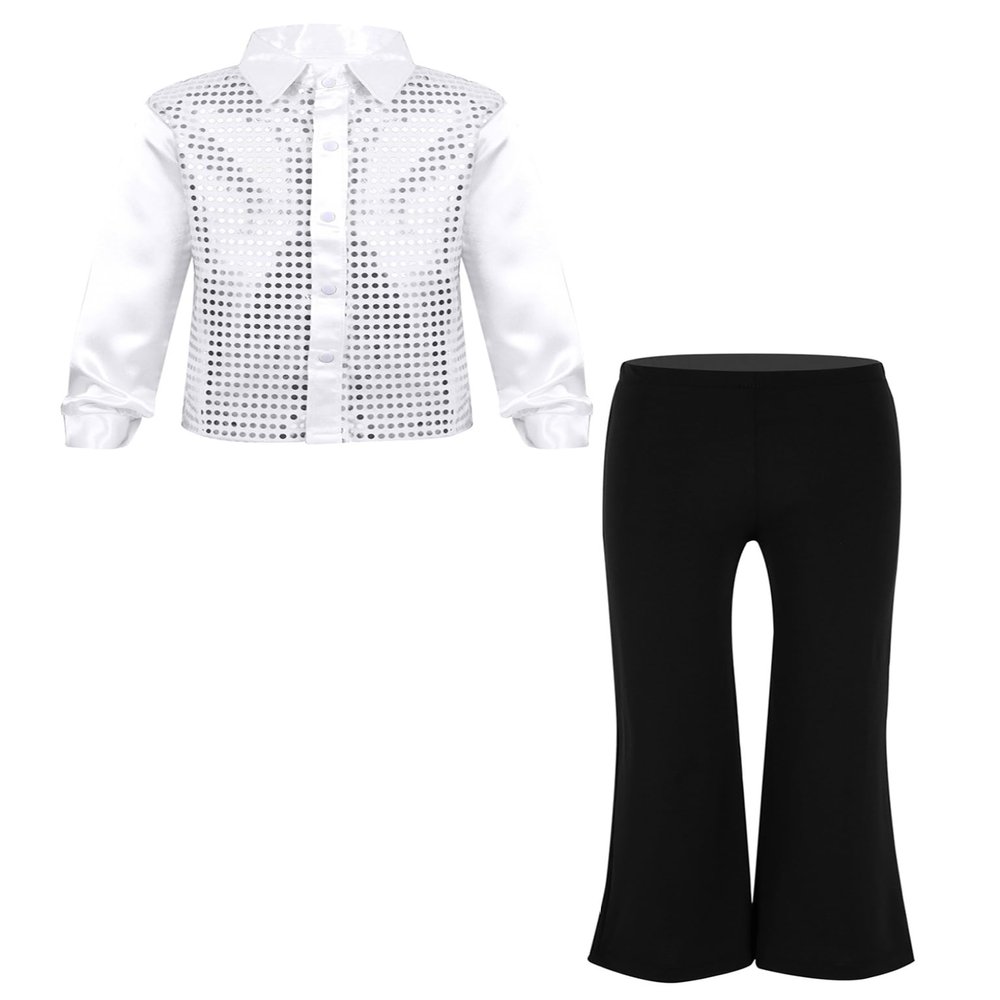 Ocealan Sparkly Latin Dance Outfits for Boys Sequined Shirts with Trousers Jazz Rumba Salsa Dancewear for Performance White 10 Years