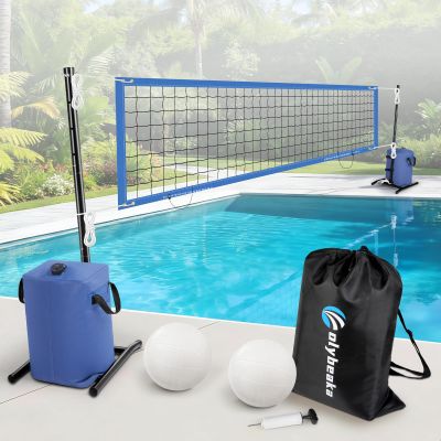 Swimming Pool Volleyball Net Set for Adults and Family | Max 30ft & 4-Height Adjustable | Angled Tension Poles + 2 Water-Filled Bags for Superior Stability | Pool Volleyballs + Storage Bag (Blue)