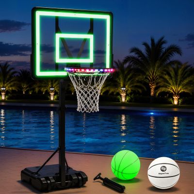 MagnaTree Pool Basketball Hoop with Light, Adjustable Height & Movable Base Poolside Basketball Hoop Inground Goal Toys for Party Game, Include Standard Ball, Glow Ball, Glow Backboard & LED Rim