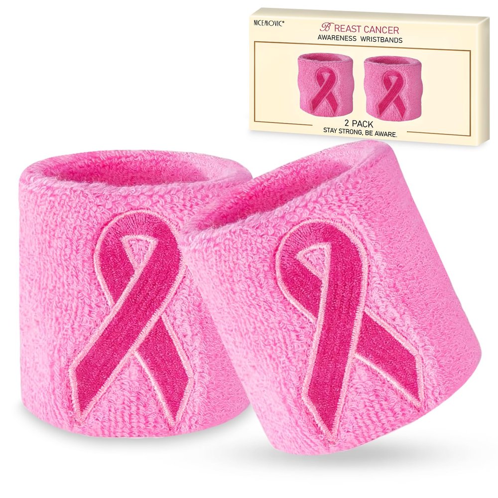 NICEMOVIC Breast Cancer Awareness Accessories,Breast Cancer Gifts for Woman, 2 Pack Ribbon Wristbands, Breast Cancer Ribbon, Sports Wristbands - Pink