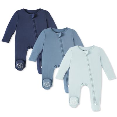PATPAT 3 Pack Bamboo Viscose Baby Footed Pajamas with Anti-Grips Navy/Slate/Sky 9-12 Months