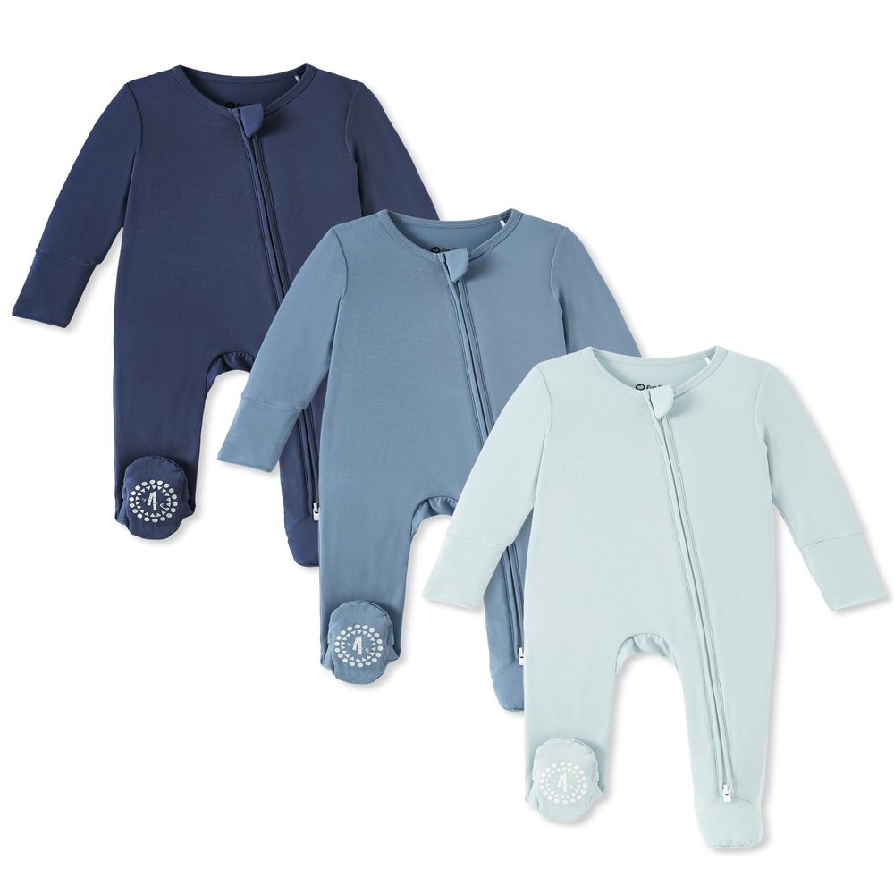 PATPAT 3 Pack Bamboo Viscose Baby Footed Pajamas with Anti-Grips Navy/Slate/Sky 9-12 Months
