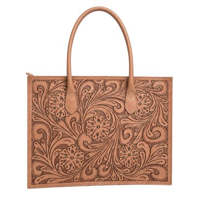 Bombay Blossom Tan Tooled Leather Western Laptop Tote 16 x 13 x 04 inches (40.6 cms x 33 x 10 cms)