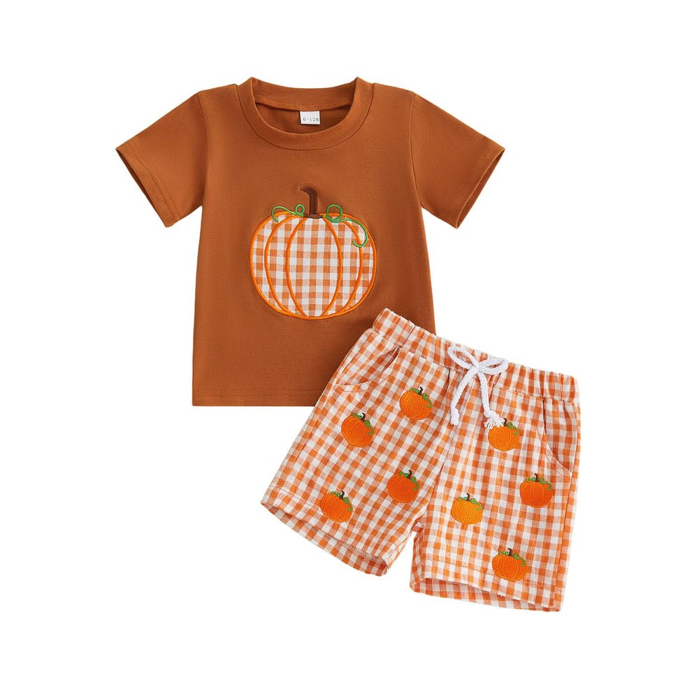 Dobeiokal Baby Boy Halloween Outfit Pumpkin Embroidery Short Sleeve T Shirt Pumpkin Shirt Plaid Shorts Set Cute Toddler Boy Halloween Outfit(B-coffee,18-24 Months)