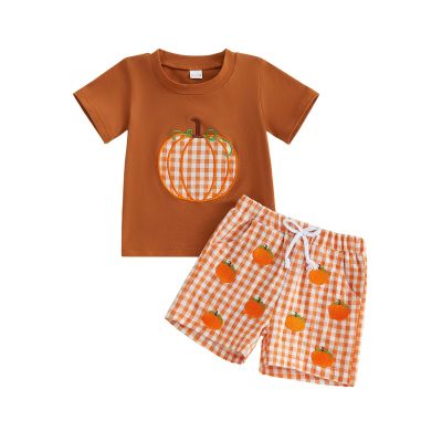 Dobeiokal Baby Boy Halloween Outfit Pumpkin Embroidery Short Sleeve T Shirt Pumpkin Shirt Plaid Shorts Set Cute Toddler Boy Halloween Outfit(G-coffee pumpkin,2-3T)