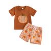 Dobeiokal Baby Boy Halloween Outfit Pumpkin Embroidery Short Sleeve T Shirt Pumpkin Shirt Plaid Shorts Set Cute Toddler Boy Halloween Outfit(G-coffee pumpkin,2-3T) view 1