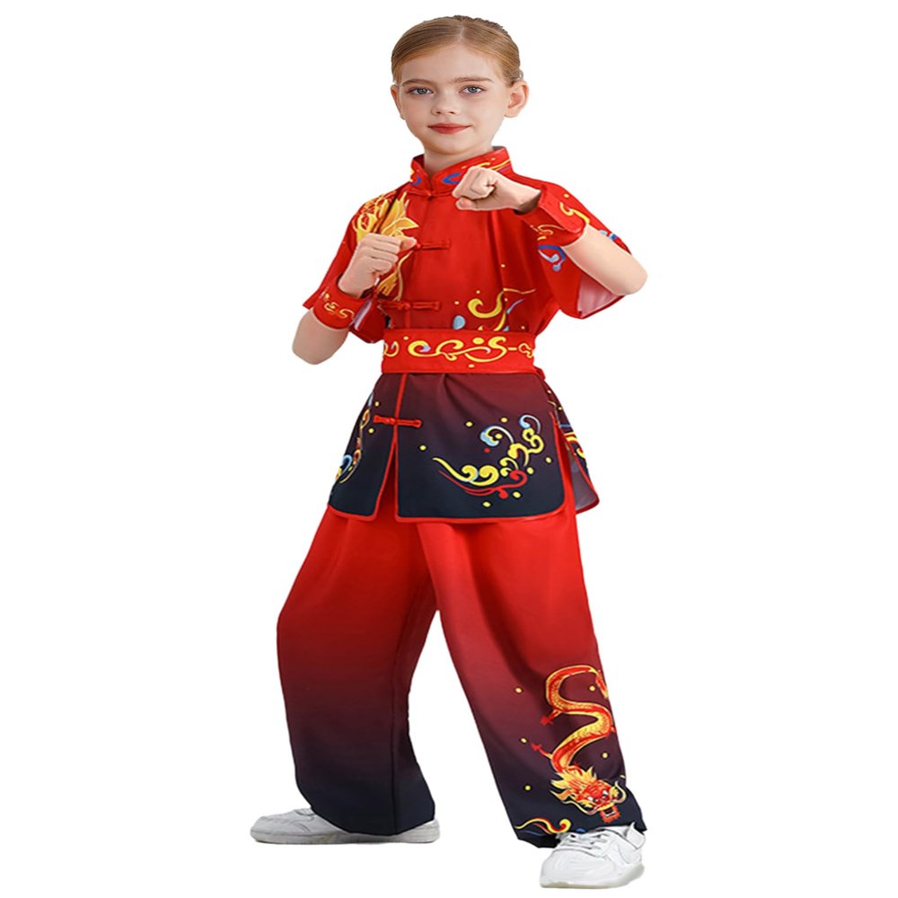 ACSUSS Boys Girls Dragon Chinese Top with Pants Kung Fu Suit Sets B Red Black 11-12