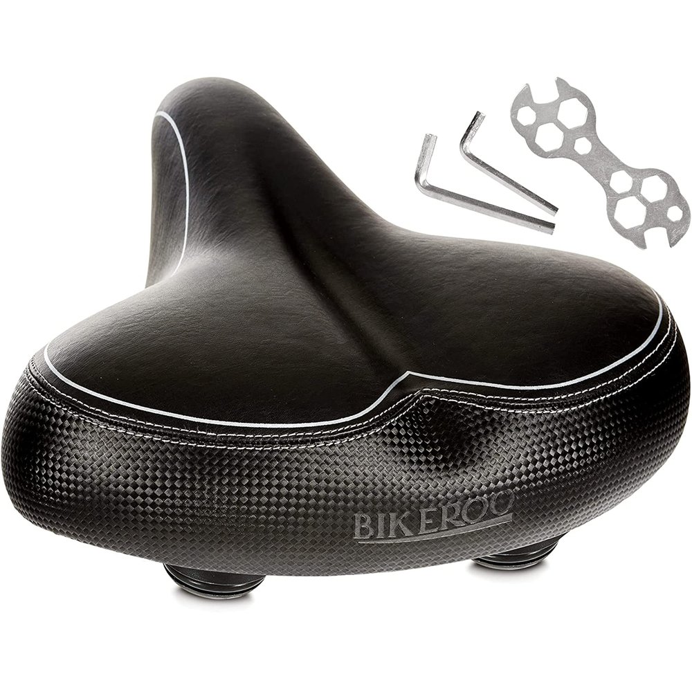 Bikeroo Wide Cruiser Saddle - Comfort Seat Fits Indoor & Outdoor Bicycles - Steel Spring & Elastomer Suspension - Memory Foam - Black