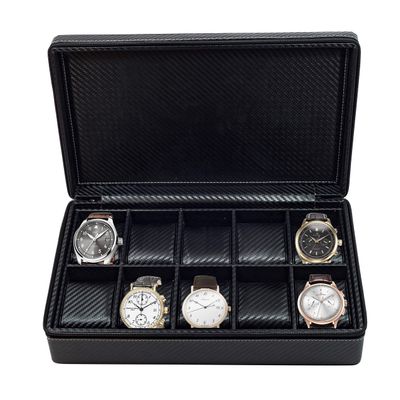 TIMELYBUYS 10 Watch Briefcase Black Carbon Fiber Zippered Travel Storage Case 50MM Father's Day