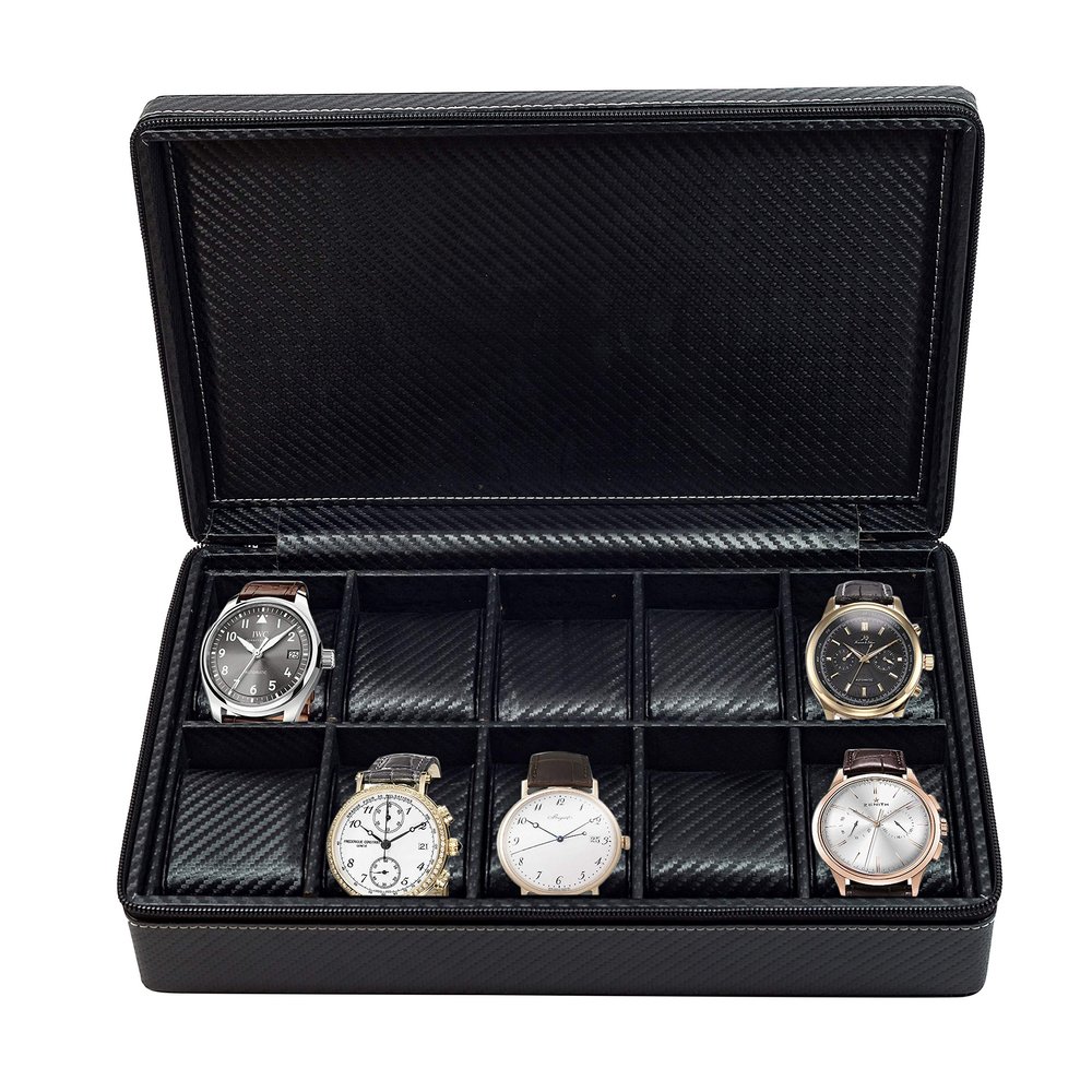 TIMELYBUYS 10 Watch Briefcase Black Carbon Fiber Zippered Travel Storage Case 50MM Father's Day