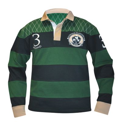 CROKER Traditional Green and Navy Striped Rugby Jersey, Large - Cotton Long Sleeve Polo Shirt