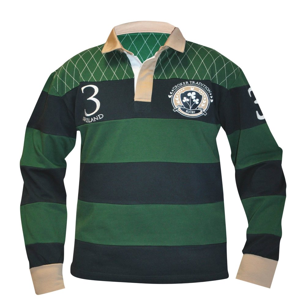 CROKER Traditional Green and Navy Striped Rugby Jersey, Large - Cotton Long Sleeve Polo Shirt
