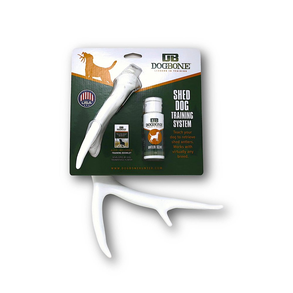 DogBone Shed Hunting Dog Training Kit  Train Your Puppy to Find Deer Antlers - Includes 2 oz Scent for Nosework & Flexible Floating Dummy for Retrieving - Perfect for Whitetail Hunters