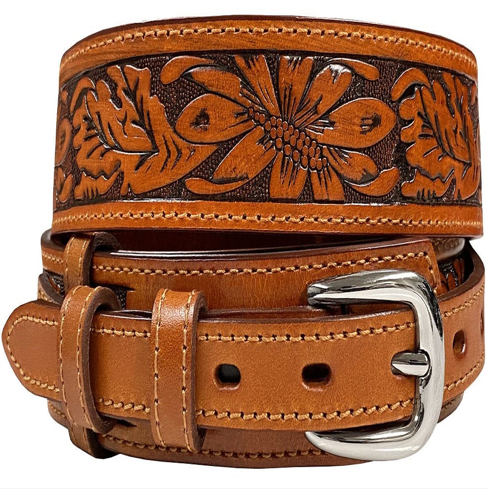 10578 Western Floral Tooled Engraved Genuine Full Grain Leather Ranger Belt (Tan, 42)