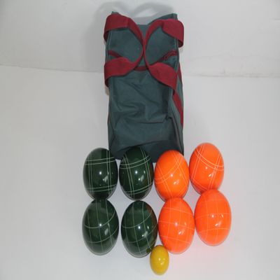BuyBocceBalls Listing - Made in USA, Premium Quality Tournament Bocce Set - 110mm Orange and Dark Green Balls, Nylon Bag, 998 Grams (2 lbs. 3.2 oz.). Various Bag Colors