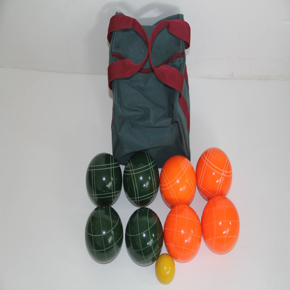 BuyBocceBalls Listing - Made in USA, Premium Quality Tournament Bocce Set - 110mm Orange and Dark Green Balls, Nylon Bag, 998 Grams (2 lbs. 3.2 oz.). Various Bag Colors