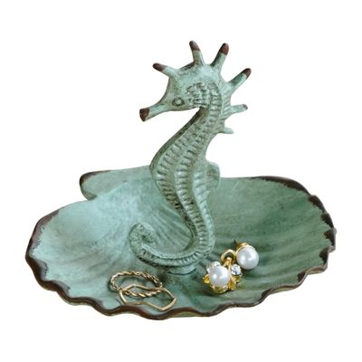 NIKKY HOME Jewelry Holder Seahorse with Shell Dish Decorative Hanging Jewelry Stand Display Vintage Ring Tray Shabby Chic Earring Necklace Metal Organizer Handmade Gift for Women Girl, Aqua Blue