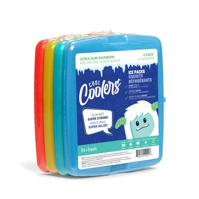 Cool Coolers By Fit & Fresh 4 Pack Slim Ice Packs, Quick Freeze Space Saving Reusable Ice Packs for Lunch Boxes or Coolers, Multi Colored, Single Pack