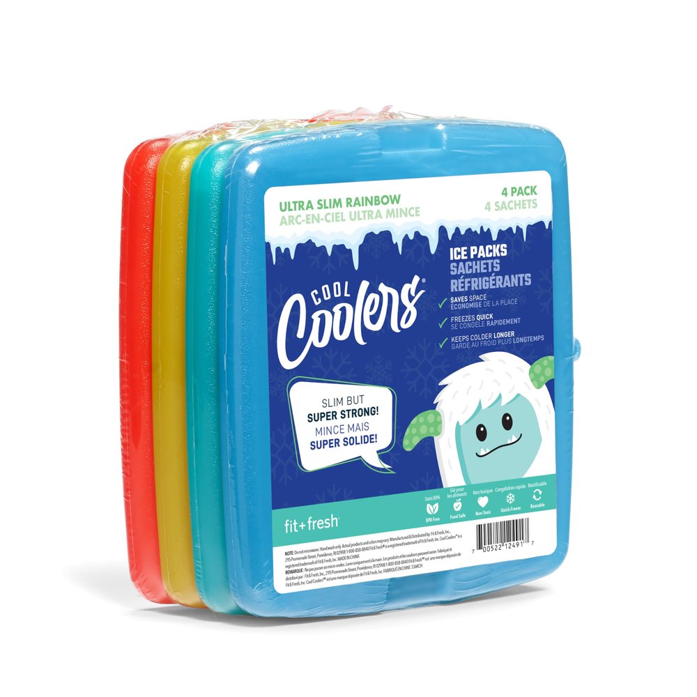 Cool Coolers By Fit & Fresh 4 Pack Slim Ice Packs, Quick Freeze Space Saving Reusable Ice Packs for Lunch Boxes or Coolers, Multi Colored, Single Pack