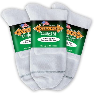 Extra Wide Comfort Fit Athletic Quarter Socks (Pack of 3) Fits Up to a 6E Width, Made in USA (Small, White)