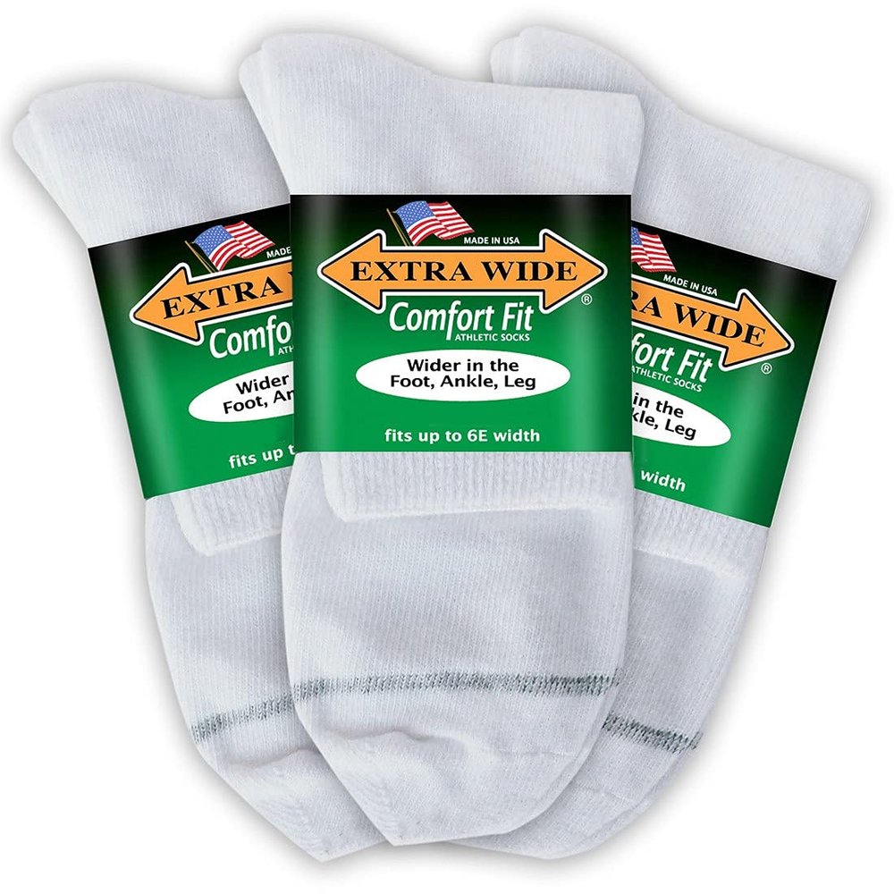 Extra Wide Comfort Fit Athletic Quarter Socks (Pack of 3) Fits Up to a 6E Width, Made in USA (Small, White)