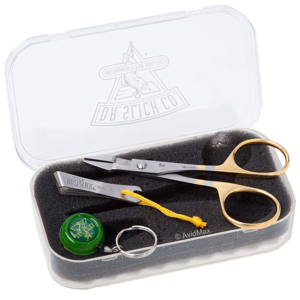 Dr. Slick Nipper, Reel & SNH47G 4-3/4" Gold Scissor Clamp in Small Fly Box
