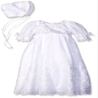 Swea Pea & Lilli Long White Embroidered Organza Baby Girl Christening Baptism Special Occasion Newborn Dress Gown with Matching Hat - S (3-6 Month, 8-12 lbs)