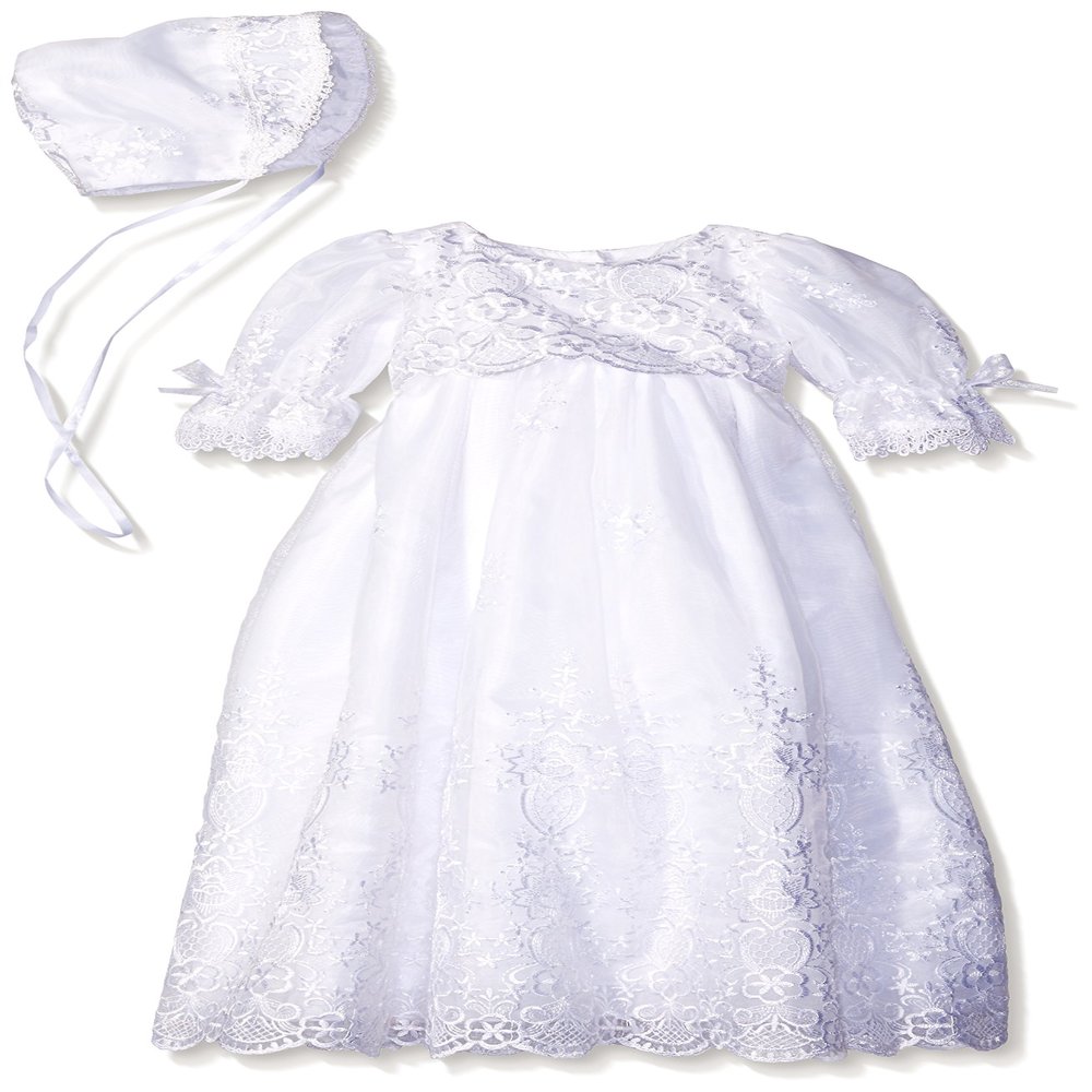 Swea Pea & Lilli Long White Embroidered Organza Baby Girl Christening Baptism Special Occasion Newborn Dress Gown with Matching Hat - S (3-6 Month, 8-12 lbs)