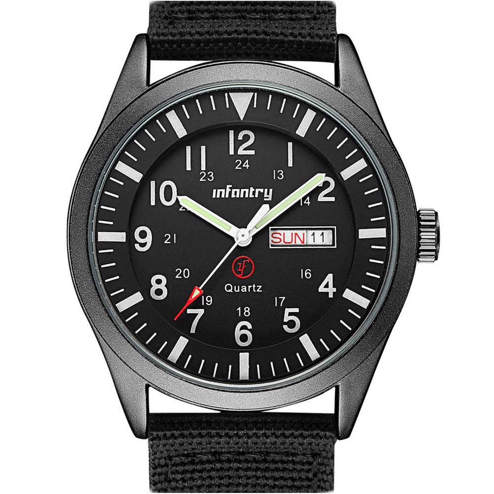 Infantry Mens Military Watch - Field Tactical Army Watch for Men with 12/24 Hour Time, Day Date, 5ATM Waterproof Analog Quartz Wristwatch, Durable Nylon Band for Outdoor Work Sport Black