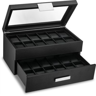 Glenor Co Watch Box for Men - 24 Slot Luxury Display Case Organizer, Carbon Fiber Design -Metal Buckle for Mens Jewelry Watches, Men's Storage Holder w Large Glass Top, Drawer & Leather Pillows- Black